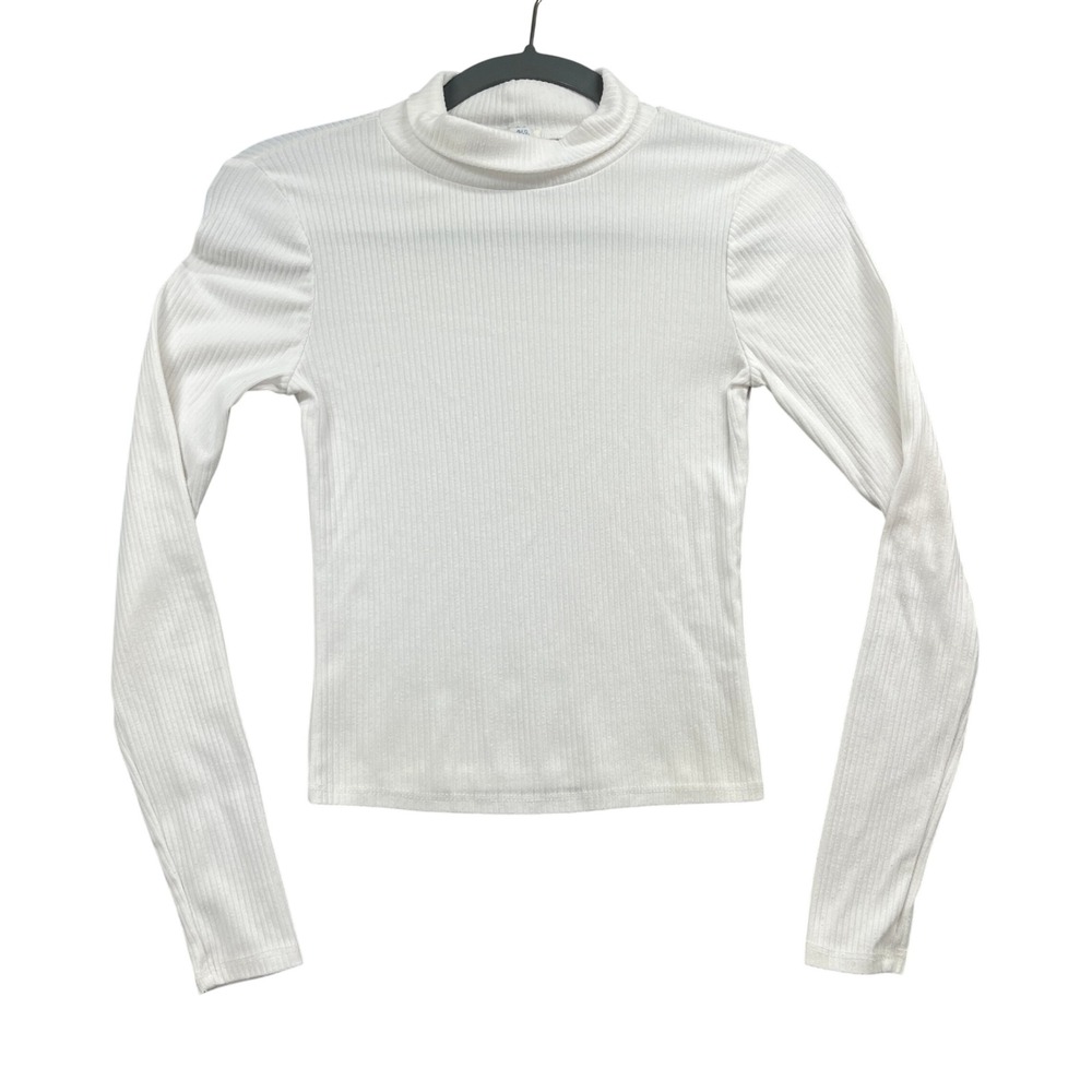 Blue Rain Mock Neck Top Womens XS White Ribbed Knit Long Sleeve Minimalist Chic